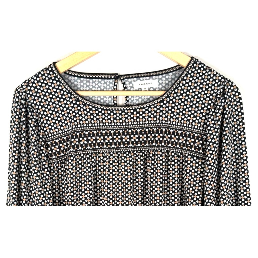 Max Studio Long Sleeve Keyhole Boho Top Womens 1X Ivory Black Peasant Blouse